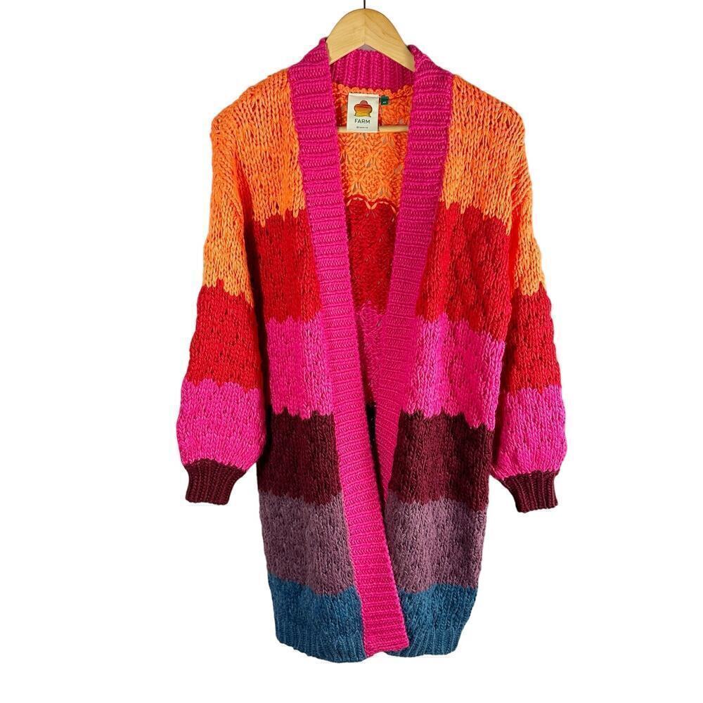 Farm Rio Striped Oversized Cardigan Multicolor Knit Puff Sleeve Size Xs Crochet